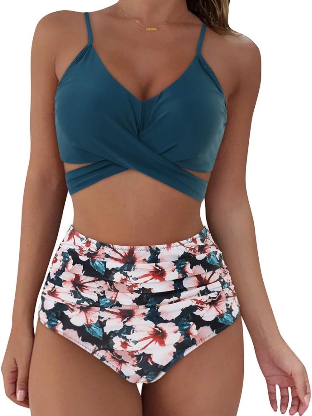 Teal Wrap Bikini Top with Floral High-Waist Bottom - Women Swim